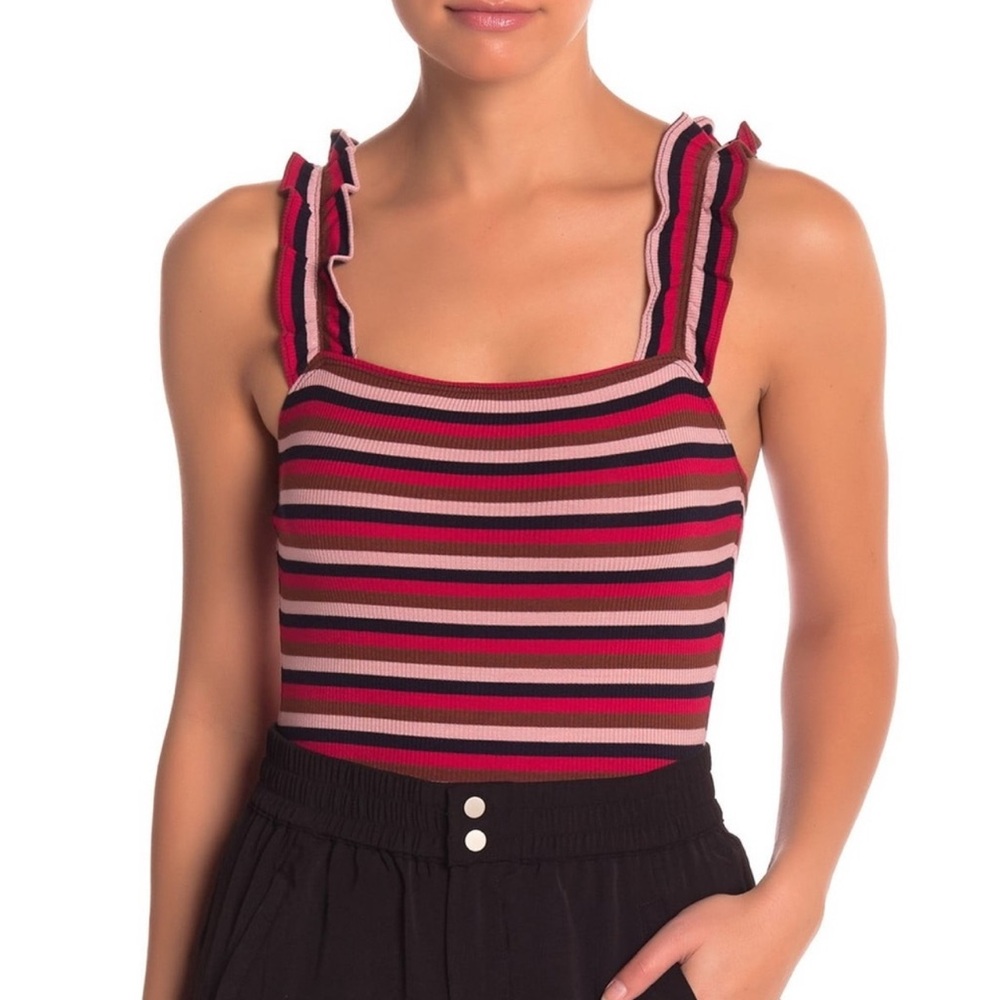2 Elodie Striped Ruffle Strap Top Leotard - Red and Black & Pink, Blue, Yellow